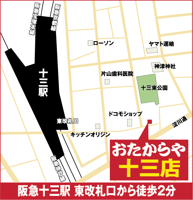 阪急十三駅東口から徒歩2分 おたからや十三店へのアクセス
